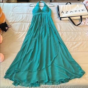 Azazie Teal Halter Maxi Dress/Gown Empire waist A-line